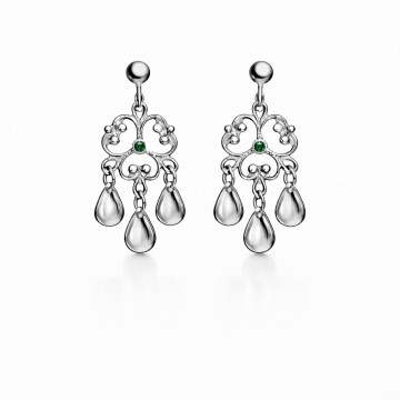 Ørepynt, rhodinert m/ grønn sten